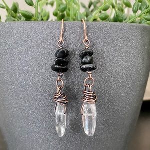 Handcrafted Black Obsidian + Clear Quartz Solid Copper Dangle Earrings